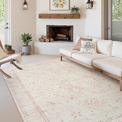 LIVEBOX Washable Rug 6x9 for Living Room, Soft Boho Pink Rugs for Bedroom, Non-Slip Vintage Floral Rug, Ultra-Thin Non-Shedding Large Carpet for Dining Room, Nursery, Home Office, Light Pink