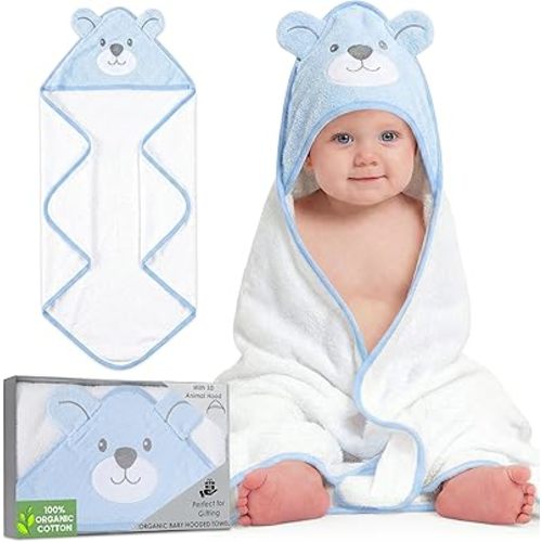 Mother's Choice 100% Organic Cotton Hooded Toddler Towels – Large Cotton, Ultra-Soft & Absorbent Baby Towels for Newborns, Infants, Toddlers, Boys & Girls with Animal Hood (Blue Bear)