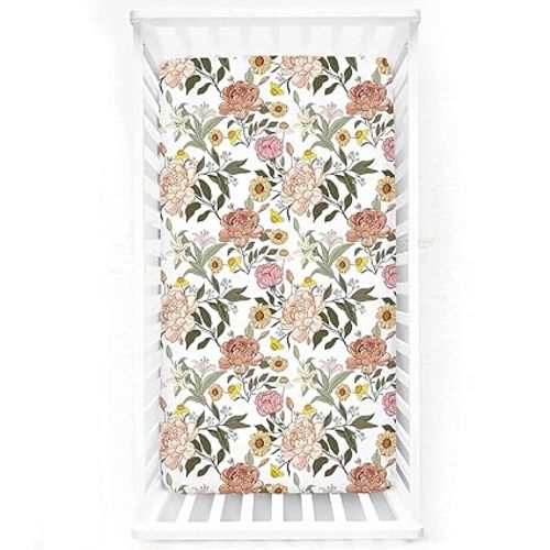 Crib Sheets HNHUAMING Neutral Baby Crib Fitted Sheets, Ultra Soft & Breathable 52 X 28 inch Crib Sheet Snug Fits for Standard Crib Mattress, Vintage Floral