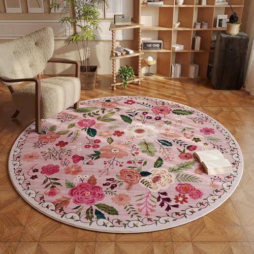 Rugcomf Round Rug 4ft Washable Circle Rug Non Slip Low Pile Boho Floral Small Circular Rug for Bedroom, Bathroom, Entryway, Kids Room, Office, College Dorm(Pink)