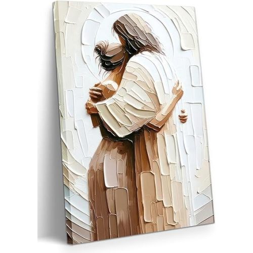 Jesus Embracing Woman Canvas Wall Art, Safe in His Arms Pictures Canvas Print Posters Wall Decor, Christian Wall Art Home Decor for Living & Prayer Room 12x16 inch Framed