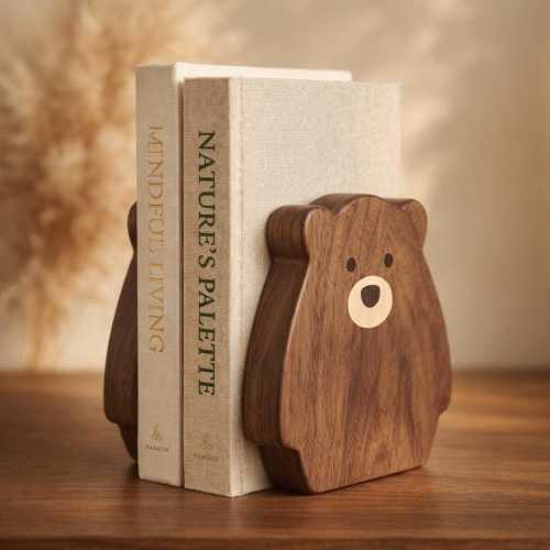 Handcrafted Walnut Bear Bookends | Scandinavian Nursery Decor, Forest Animal Office Accessory
