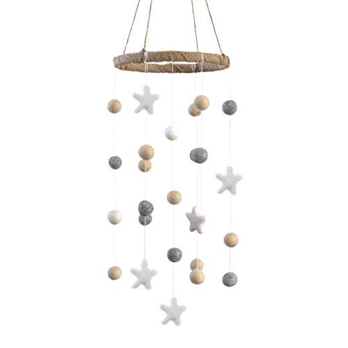 Felt Ball & Star Nursery Ceiling Mobile- Almond, Gray & White