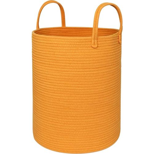 Large White Laundry Basket, 15"x18" Tall Blanket Storage Living Room, XL Cotton Rope Toy Bin for Organizing, Wicker Woven Baby Nursery Laundry Hamper with Handle, White Room Decor Aesthetic