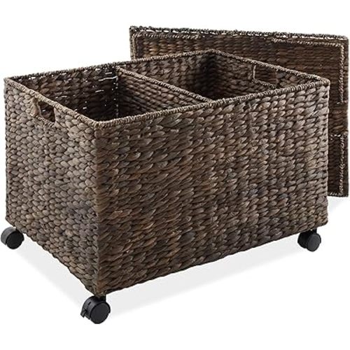 Casafield Rolling Storage Basket Cart with Lid and Locking Wheels, Espresso - Handwoven Water Hyacinth Divided Recycling Sorting Bin for Kitchen, Laundry Room, Garage