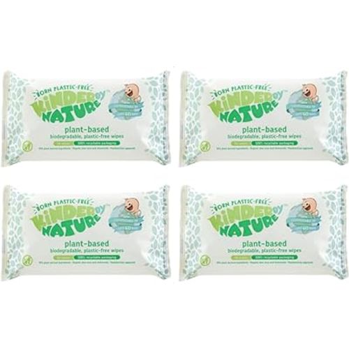 Kinder by Nature Plant Based Baby Wipes - 100% Biodegradable & Compostable, 224 Count (4 Packs of 56) - 99% Plant-Based Ingredients, Plastic-Free Wipes
