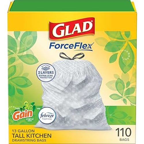 Glad ForceFlex Tall Kitchen Drawstring Trash Bags, 13 Gal, Gain Original, 110 Ct (Package May Vary)
