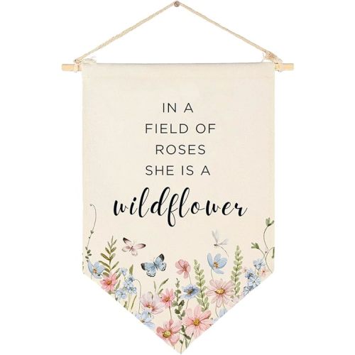 Wildflower Nursery Decor Baby Stuff, Boho Girls Decor, In a Field of Roses She Is a Wildflower Flag Sign, Canvas Banner Wall Decor for Baby Shower, Birthday Party