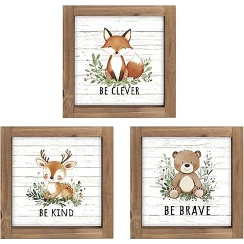 3 Piece Woodland Nursery Wall Decor, Wooden Forest Animal Bear Fox Deer Sign Nursery Art, Nature Jungle Safari Theme Baby Shower Decorations for Home Table Top Shelf Desk Classroom Bathroom