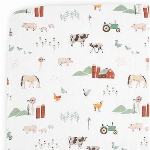 Little Unicorn Fitted Crib Sheet | 100% Cotton Muslin | Super Soft | Sized for Standard Baby Crib & Toddler Mattress | Machine Washable | 52” x 28” x 6” (Farmyard)