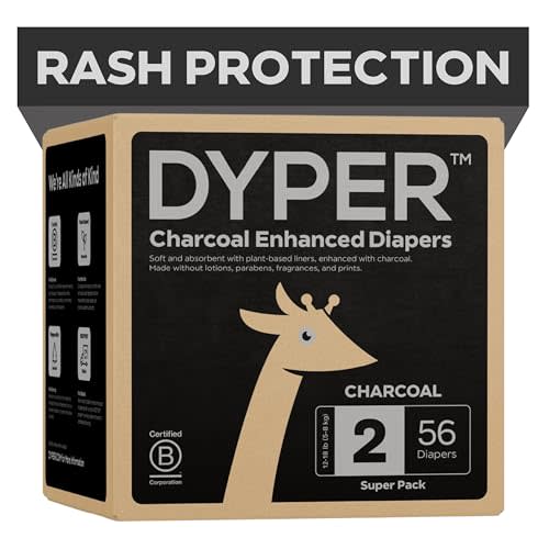 DYPER - Charcoal Enhanced Day & Overnight Disposable Baby Diapers - Made with Plant-Based* & Skin-Friendly Ingredients, Hypoallergenic for Sensitive Skin - Size 2, (56 Count)