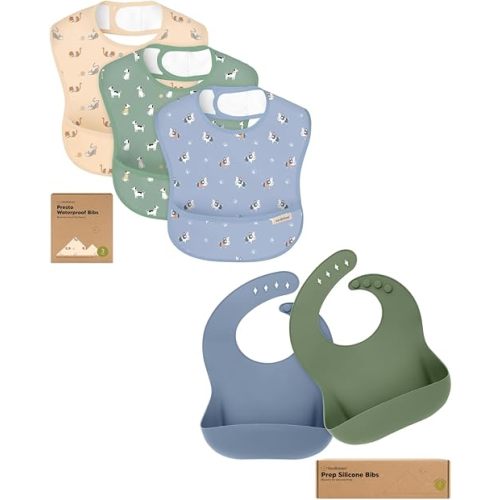 Keababies 3-Pack Waterproof Baby Bibs for Eating and 2-Pack Baby Silicone Bibs - Lightweight Bib with Food Catcher - Waterproof, Easy Wipe Silicone Food Catcher for Toddlers