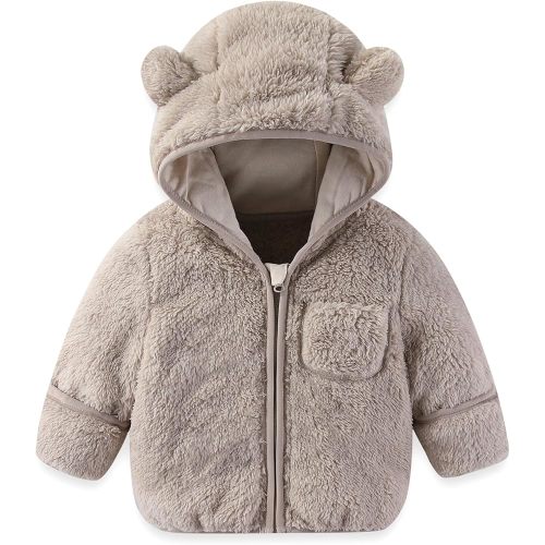 Baby Infant Boys Girls 6 Months Winter Coat with Fold-Over Mittens Fleece Jacket Outwear Warm Clothes Overcoat Pink Bear Hooded Zipper for Kids Toddlers