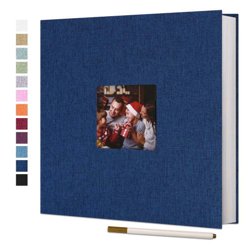 Bevtee Photo Album Self Adhesive 4x6 8x10 DIY Picture Scrapbook, 60 Pages Linen Cover with Display Window, with Pen, for Moms, Families, Babies, and Weddings, Blue
