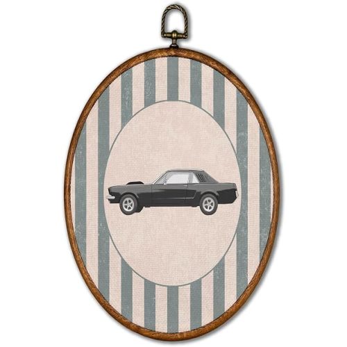 KSDUT Vintage Black Car Vehicle Wall Art Decor - Retro Sports Green Stripes Wall Art Canvas Frame Hanging Prints, Nursery Sports Gallery Oval Artwork Decor for Home Bedroom Decorations 8.6"x11.4"