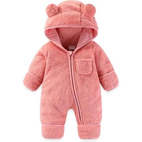 Newborn Baby Winter Snowsuit Fleece Lined Hooded Bear Romper Warm Onesie Jumpsuit for Infant Girls Boys