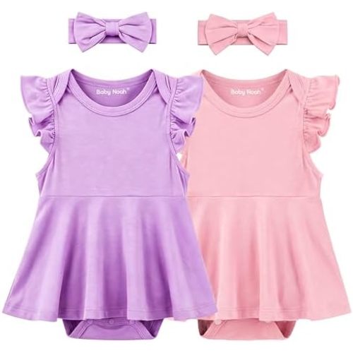 2 Pack Baby Girl Bodysuit Flutter Sleeves Dress, Cute Ruffle Romper Outfit with Headband, Newborn Infant Pajamas 0-12 Months