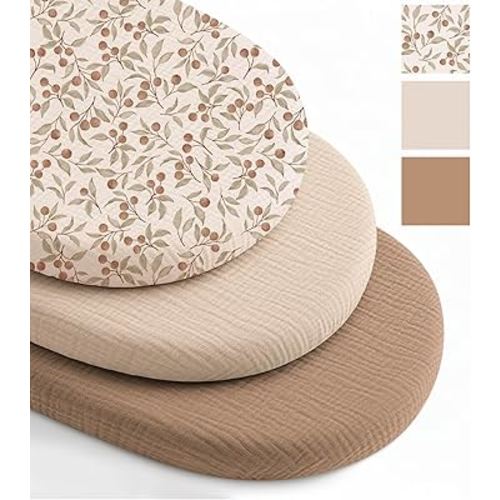 Niceye Muslin Baby Bassinet Sheets 3-Pack 100% Cotton Sleeper Bassinet Fitted Sheets for Oval & Hourglass Mattresses, Unisex for Baby Girl/Boy (Khaki)