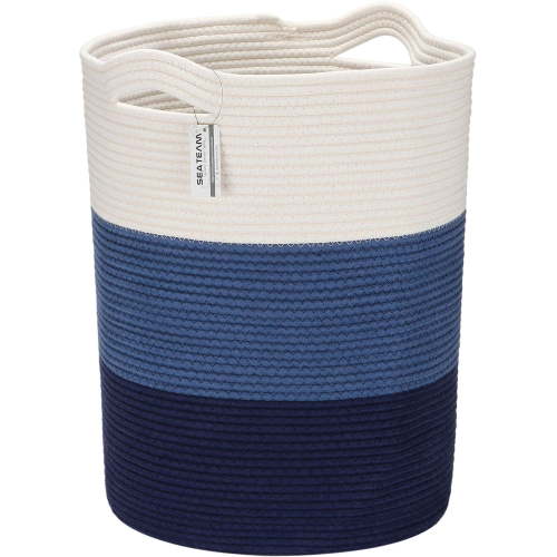 Sea Team Cotton Rope Woven Storage Basket, Laundry Hamper, 20 x 14 inches, White & Navy