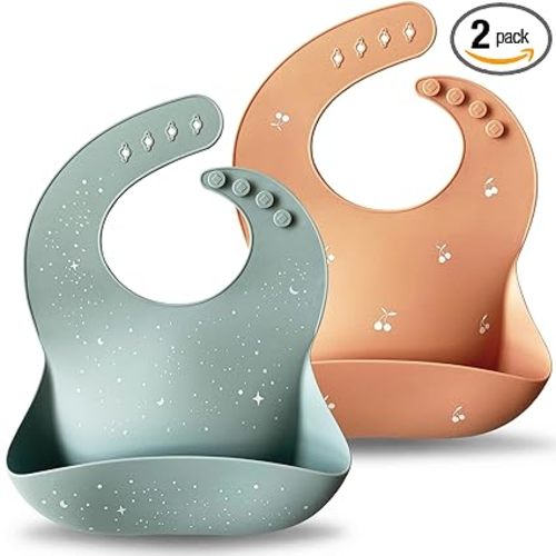 Moonkie Silicone Baby Bibs Set of 2, BPA Free Waterproof Baby Bibs for Eating, Soft Adjustable Silicone Bibs for Babies 6-12 Months, Toddler Bibs with Large Pocket Food Catcher (Ether/Muted)