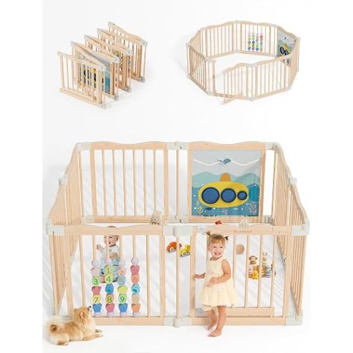 Foldable Wooden Playpen, 55 x 55 x 24 inches, Ocean Adventure, Natural