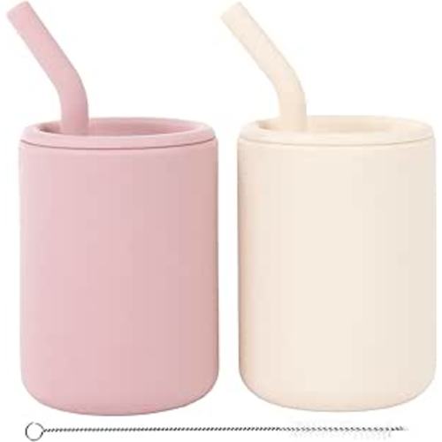 WeeSprout Silicone Baby Cups With Straws and Lids, 4 oz, Set of 2, Food Grade Toddler Training Container, Built In Straw Stoppers, Measurement Markings, Dishwasher Safe + Straw Cleaner