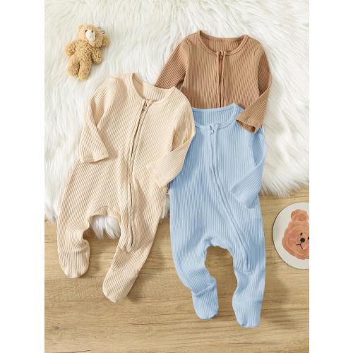 Set de 3 piezas de pelele de punto acanalado con cuello redondo, manga larga y cremallera delantera para bebé recién nacido niño, suave y cómodo | SHEIN USA