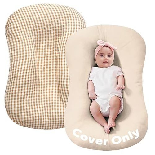 FUNUPUP Muslin Baby Lounger Cover Only Compatible with Snuggle Me Lounger, Infant Pillow Cover for Newborn, Removable Nest Slipcover for Boys and Girls, Only Cover, Beige and Plaid