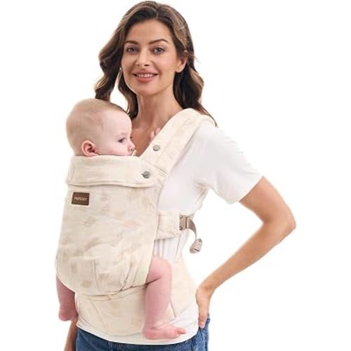 Momcozy PureHug Baby Carrier - Ergonomic, Cozy and Lightweight for 7-45 lbs | Easy to Put On, IHDI Hip-Healthy, 3D EVA Lumbar Support, X-Straps for Even Weight Distribution, Cotton Linen, Geometry