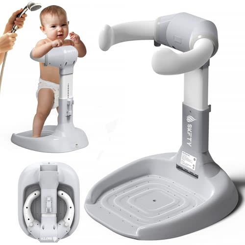 Baby Standing Shower Stand for Toddlers 6-36 Months, Anti-Slip Anti-Pinch Foldable Adjustable Baby Bath Support, Portable Toddler Bath Standing Helper with Shower Holder | Soporte para Bañera de Bebé