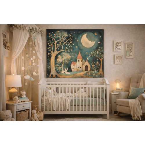 Storybook Aesthetic Whimsical Castle Print: Enchanted Forest Moonlit Scene, Folk Surrealism | Nursery Decor