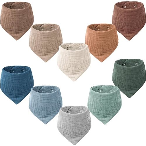 Konssy Muslin Baby Bibs 10 Pack Baby Bandana Drool Bibs 100% Cotton for Unisex Boy Girls - Soft Brown