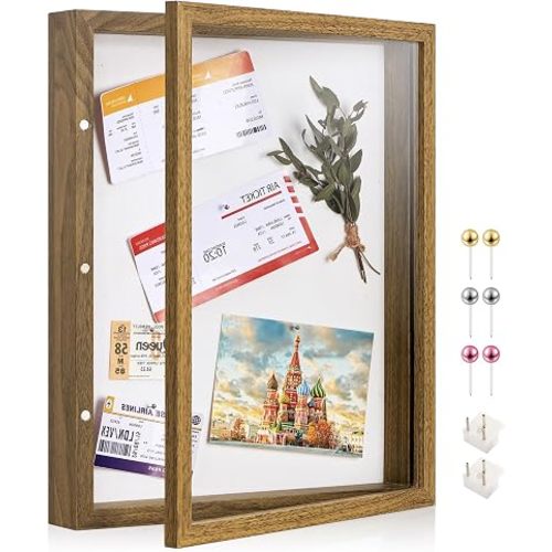 11x14 Deep Shadow Box Picture Frame Display Case with Linen Back and Stand,Real Glass Brown Shadow Memory Box Frame 11x14 for Graduation Flower Medal Baby Pet Photo Art Craft Memorial Gift