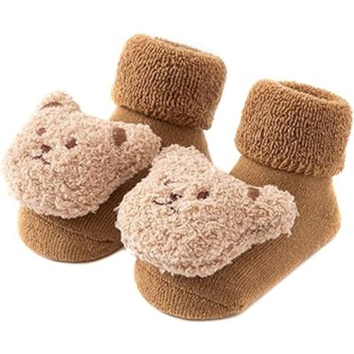 Baby Socks Thickened Plush Floor Anti-Slip Socks Toddler Warm Cotton Socks Soft Winter Newborn Slippers Bear - Khaki