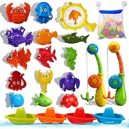 Toddler Bath Toys for Kids Ages 1-3, 22 PCS Mold Free Bath Toys Toddlers 2-4 with Fishing Toy Games, Fishing Pole Rod Net Tub Toys with Mesh Bag, Water Pool Toys for Kids Ages 1 2 3 4 5 6 8 Years Old