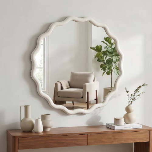 Resenkose Elegant Wavy Round Solid Wood Frame Mirror, Versatile Home Decor Wall Mirror for Bedroom, Bathroom, Entryway, Living Room, White