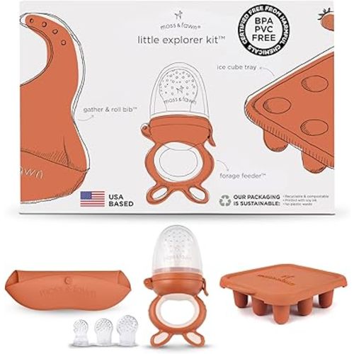 Moss and Fawn Little Explorer Kit - Silicone Frozen Breast Milk Popsicle Kit with Forage Feeder, Teething Popsicle Ice Cube Tray, & Gather & Roll Baby Feeding Bib - BPA, PVC, & Lead-Free - Terracotta