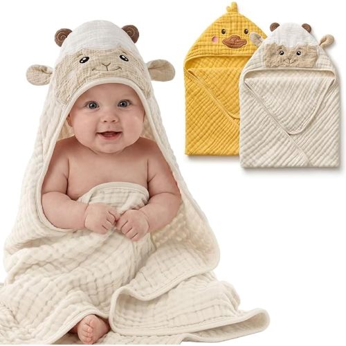 Blissful Diary Muslin Baby Hooded Towel 2 Pack, Soft & Absorbent Bath Towel for Infant, Toddler, Unisex, Baby Gift, Newborn Essentials, Sunny Duck & Gentle Lamb