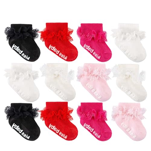 Baby Girl Ruffle Socks with Grips Lace Frilly Ankle Dress Socks | Cute Cotton Infant Ruffled Socks Non Slip Turn Cuff for Newborn 0-6 6-12 Months Toddler Little Girl Easter Photoshot Outfit