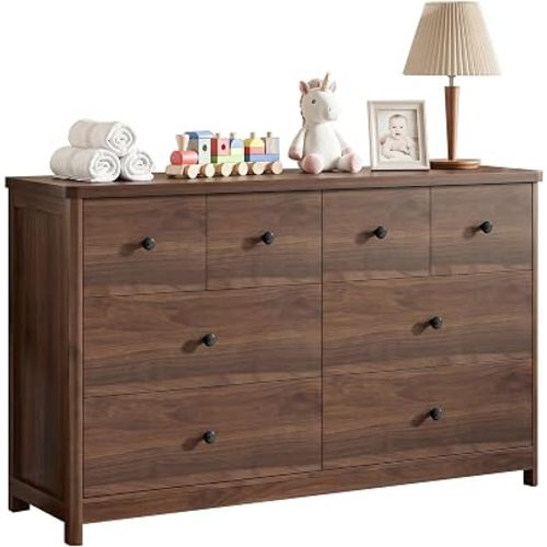 Vabches Kids Dresser Cabinet with 8 Drawers, Kids & Nursery Storage Chest, Multi-Functional Wood Large Chest of Drawers, Walnut Dresser for Bedroom Furniture, Baby Dresser for Children's Room