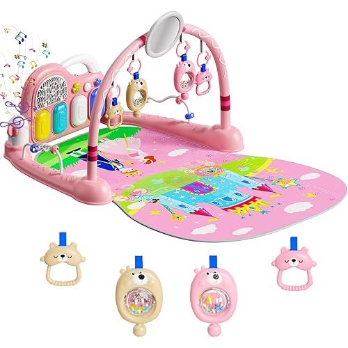 Baby Play Mat Kick and Play Piano Gym，Baby Floor Play Gym Tummy Time Mat，Baby Activity Mat with Music Lightsat and Sensory Toys Boy & Girl Gifts for Infant Newborn 0 to 3 6 9 12 Months (Pink)