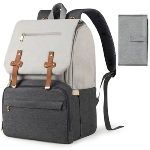 Baby Diaper Backpack with Changing Pad and Insulated Pockets, Large Colorblock Diaper Bag as Baby Shower Gifts, Multipurpose Travel Backpack with Shock Resistance, Black-Grey