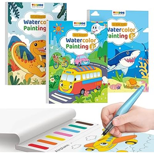TECJOE 3 Pack Paint with Water Coloring Books for Toddlers, Watercolor Paint Set with 6 Brushes, Mess Free Painting for Kids Ages 4-8, Birthday Gifts Arts & Crafts Toy - Traffic, Sea, Dinosaur