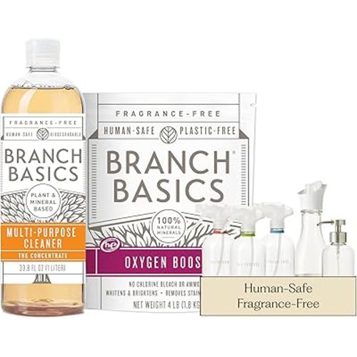 Branch Basics Premium Starter Kit in Glass: All Purpose Cleaner, Glass Cleaner, Bathroom Cleaner, Wash Bottle, and Laundry Bottle (3 Glass Spray Bottles + Concentrate) Fragrance-Free