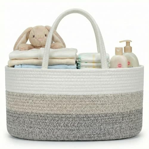 luxury little Diaper Caddy Organizer, Large Cotton Rope Nursery Baby Basket, Changing Table Organizer for Baby Diaper Storage, Portable Car Organizer Removable Divider (Gradient Brown, Large)