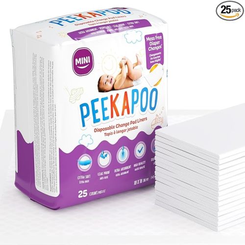 Peekapoo Mini – 25 Pack Disposable Changing Pads for Baby (18 Inches x 16 Inches) Disposable Waterproof Liners, Diaper Changing Pad Protector Mat