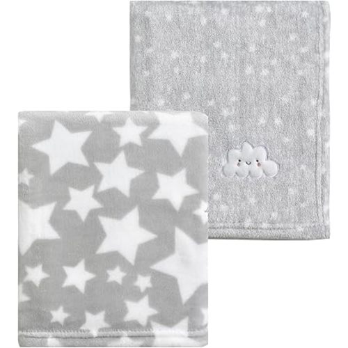 CREVENT 2Pcs 30''X40'' Cute Cozy Fluffy Warm Baby Blankets for Infants Toddlers' Bedding Crib Cot Stroller - Grey Cloud + Star