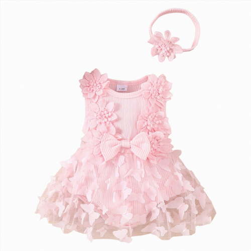 TOWED22 Baby Girl Clothes Newborn Ruffled Sleeveless Romper Floral Dreesy Bodysuit Headband 3pcs Baby Girl Summer Clothes Pink,1-3 M