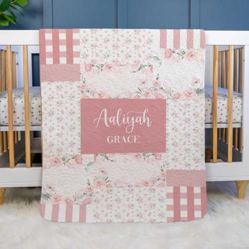 Pink Rose Baby Quilt, Personalized Roses Baby Quilt, Optional Bundle with Sign, Blush Roses Quilted Blanket, Floral Rose Nursery, F69