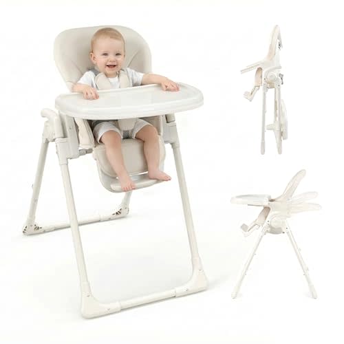 High Chair, Foldable High Chairs for Babies and Toddlers, Adjustable Height, Backrest and Footrest, Removable Tray, Beige